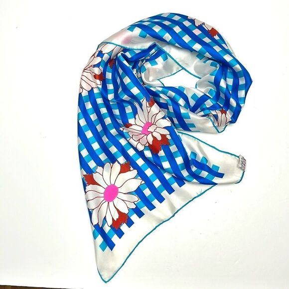 Vintage Echo Silk Oblong Scarf White Blue Plaid Daisy Flower made in Japan - Picture 1 of 9